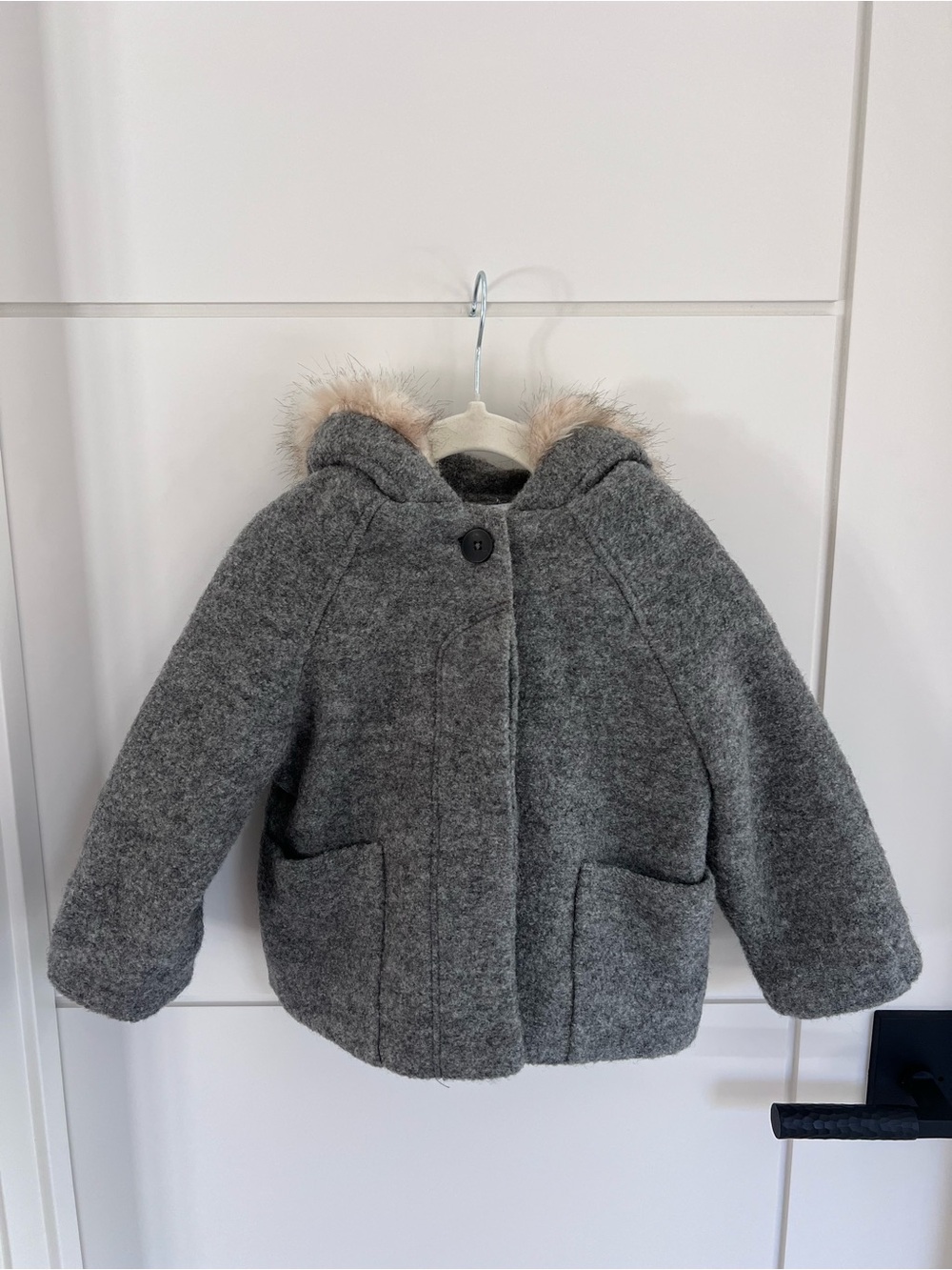 Zara Kids Gray Hooded Pea Coat with Faux Fur Trim
